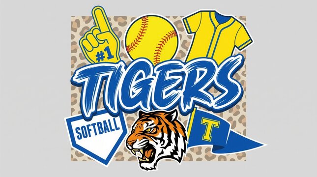 Graphic design featuring a tigers head with softball elements and tigers team name in bold blue letters on leopard print background