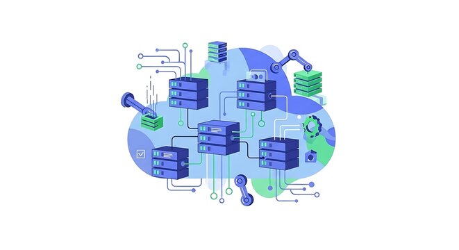 Cloud Computing Infrastructure with Connected Data Servers, AI Automation, Data Center Network, Cloud Storage, Digital Transformation, IT Infrastructure and Smart Technology Illustration