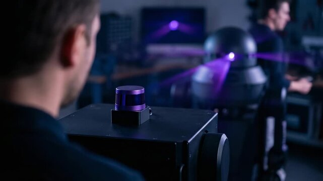 A male researcher observes a laser device in operation in a laboratory. The environment includes various technological equipment and provides insight into advanced scientific processes