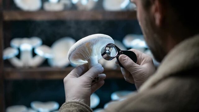 A person inspects a mushroom closely using a magnifying glass in a well-lit indoor setting. The individual appears to be engaged in research and observation, focusing on the details of the fungus