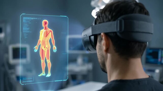 A male medical professional observes a holographic model of human anatomy while wearing virtual reality goggles in a clinical setting