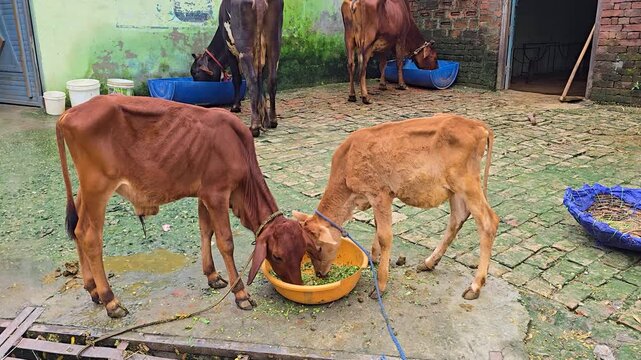 Young calves eating fodder from bowl two eat chopped green from a yellow plastic in a paved rural 