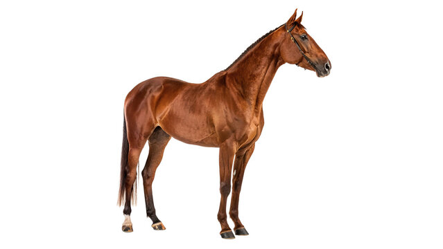 Beautiful wild young brown horse foal standing profile view isolated on transparent background