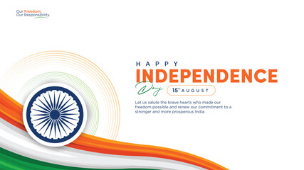 Modern 80th Independence Day of India 2026 horizontal banner featuring Ashoka Chakra, flowing tricolor wave, and patriotic typography. Perfect for web banners, social media covers, greeting cards, and © Mete-X