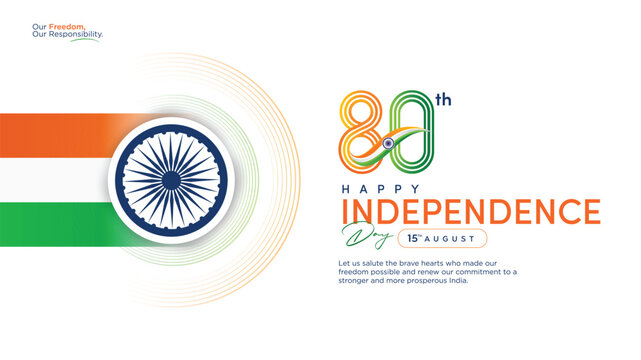 Modern 80th Independence Day of India 2026 banner featuring Ashoka Chakra, tricolor flag, colorful 80th typography, and patriotic design. Perfect for web banners, greeting cards, social media posts, a