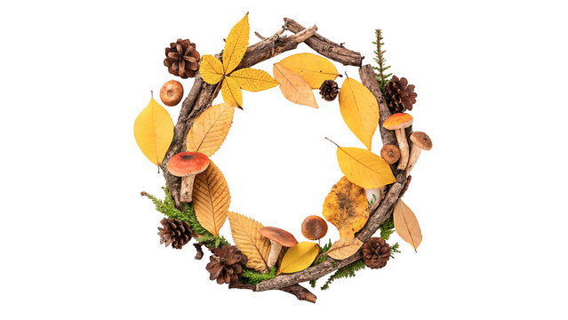 Decorative round wreath woven of bright autumn maple leaves isolated on transparent background