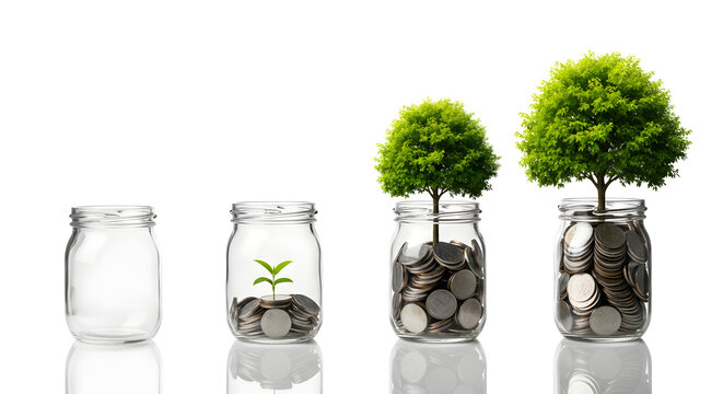 Four glass jars showing a progression from empty to containing coins and a growing tree, symbolizing financial growth and investment.
