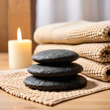 A stack of black stones on a table, close up of a smooth black basalt massage stone resting on folded beige waffle towels