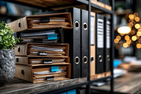 Gef&uuml;llte Aktenordner in einem modernen B&uuml;roregal