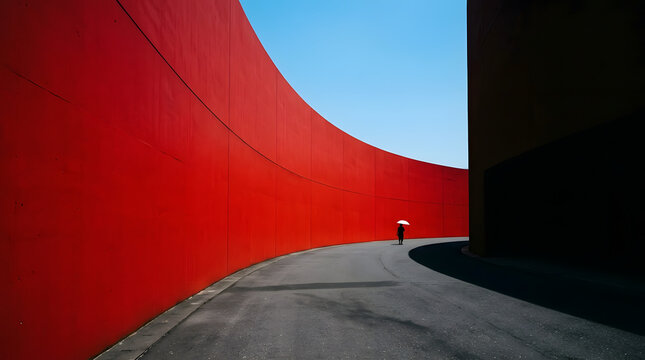 Person Walking By a Bright Red Curved Wall