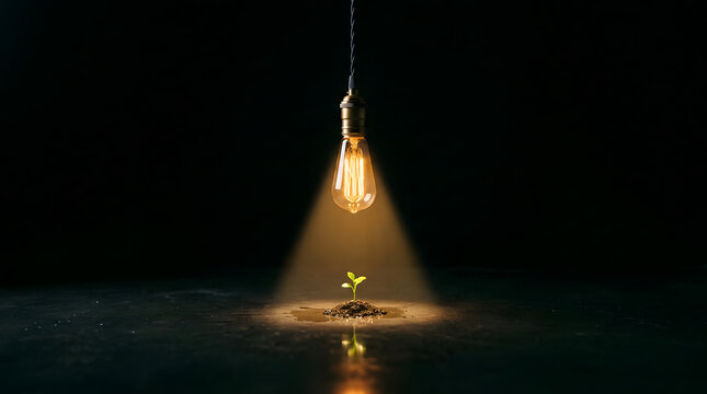Light bulb illuminating a growing plant seedling