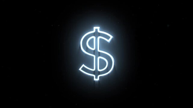 Silver dollar sign glows against dark backdrop. Soft particles drift around glowing symbol. Flickering neon effect enhances visual appeal. Ideal for finance, business, or monetary themes
