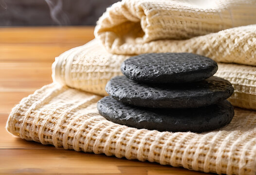 A pile of black stones on a table, close up of a smooth black basalt massage stone resting on folded beige waffle towels