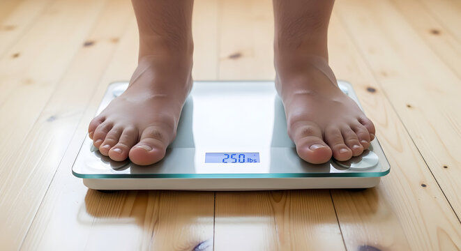 Individual Standing on Digital Scale for Body Weight Measurement at Home on Warm Wooden Floor