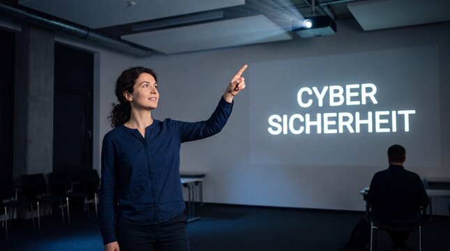 Selbstbewusste Frau zeigt im dunklen Schulungsraum auf projizierten Schriftzug Cyber Sicherheit an der Wand
