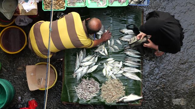 A bustling fish market comes alive during the early morning hours, where vendors and buyers engage in the daily trade of fresh seafood and fish. Operating from around midnight until 7am
