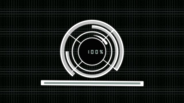 Futuristic HUD Element with 100% Loading Bar and Circular Target Reticle technology animation. Fully loaded bar with animated circular reticle in futuristic HUD emphasizes progress, tech interface.