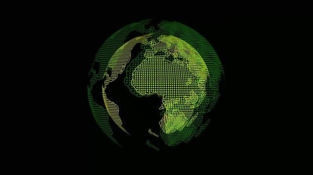 Neon Green Digital Globe of Earth Composed of Tiny Dots on animation Black Background world planet. Spinning digital globe in neon green with dotted surface animates emphasizing world map, technology.