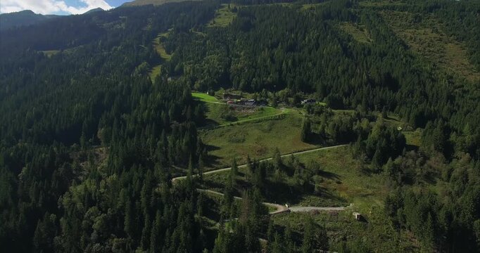 Lateral drone flight crosses a forested Austrian mountain slope with switchback road green clearings scattered alpine houses woodland trails and deep shadows between trees