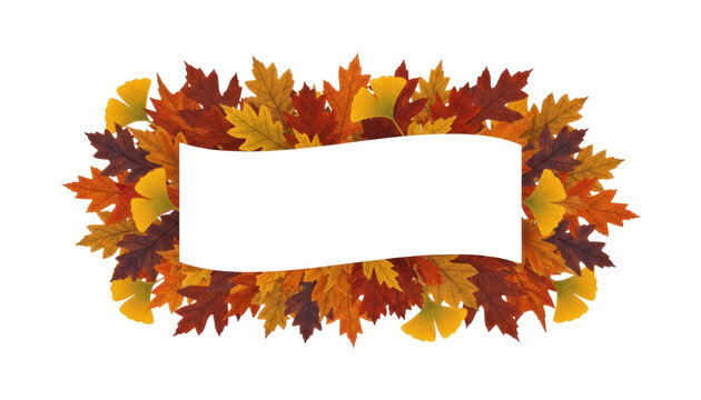 Autumn leaf frame with blank ribbon banner, colorful fall foliage border in orange and yellow for seasonal sale ads isolated PNG with Transparent Background