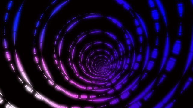 Blue and Purple Neon Tunnel Vortex Abstract animation Background image photo. Dynamic glowing blue-purple tunnel vortex emphasizes abstract animation, futuristic digital interfaces, and motion design.