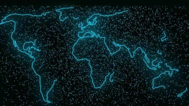 Glowing Cyan World Map Outline Against Starry Dark animation Background With Small Dots global earth,Interactive motion graphic showing cyan world map outline with small glowing dots on dark starry