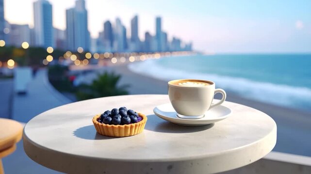 Coffee and blueberry tart overlooking a coastal city.