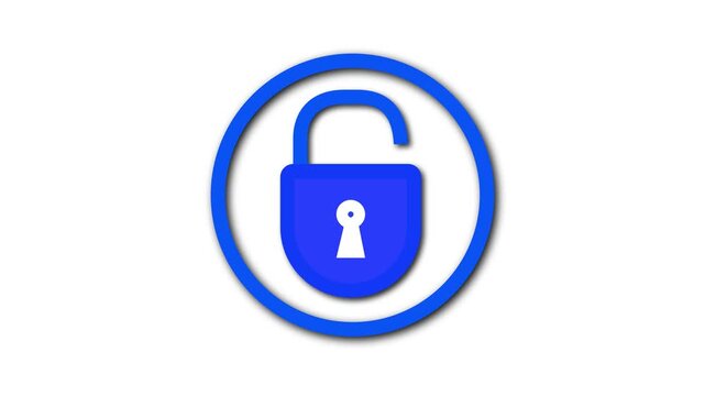 Futuristic blue open padlock, circular outline, white background, cybersecurity and safety motion graphics. Blue Open Padlock Icon with Circular Outline on White Background .