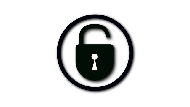 Black Open Padlock Icon with Circular Outline on White Background . Futuristic black open padlock, circular border, white background, cybersecurity and safety motion graphics.