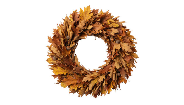 Autumn leaf wreath, rustic fall foliage ring decor, golden brown dried leaves circle for seasonal harvest home styling isolated PNG with Transparent Background