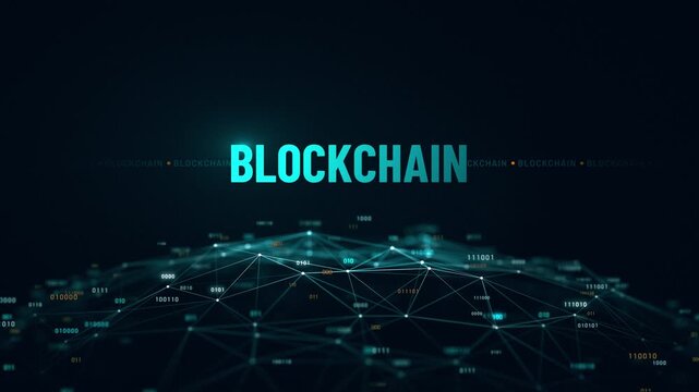 Deep blue background glows with digital nodes and lines. Glowing word "BLOCKCHAIN" centers the futuristic scene. Network connects data points across the dark canvas