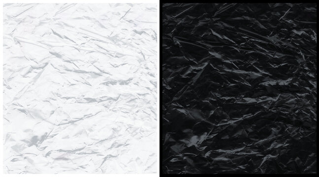 Crumpled paper texture background, set of black and white wrinkled paper sheets, creased foil surface for overlay and graphic design