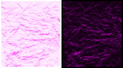 Naklejka premium Crumpled plastic texture in pink and purple, creased cellophane background set, wrinkled foil surface for abstract design and packaging overlays