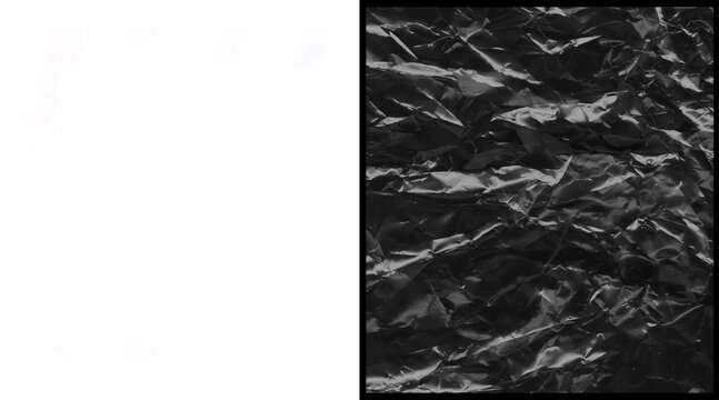 Crumpled black plastic texture background, wrinkled dark synthetic material surface, abstract creased polyethylene film for edgy graphic design