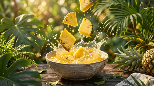 Fresh Pineapple Slices Splashing In Juice