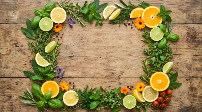 Wooden rustic background with fresh fruits around creating a natural organic frame.
