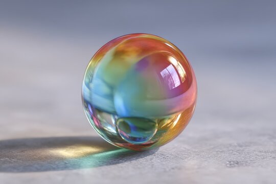 Elegant glass sphere with rainbow hues and a visible inner bubble, captured in macro lighting