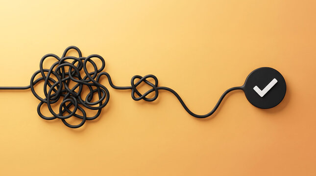 Creative image of tangled black cords leading to a circle with a checkmark against a vibrant orange background representing solutions and clarity