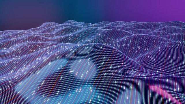 Abstract 3D animation of iridescent fiber optic lines undulating across a digital landscape