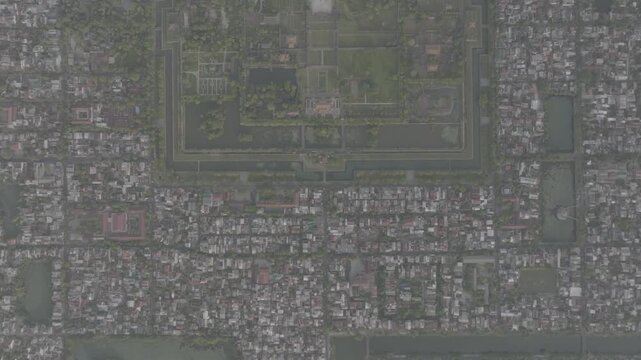 Aerial drone view of Hue Imperial Citadel featuring Ngo Mon Gate, Thai Hoa Palace and Kien Trung Palace, showcasing Vietnam's UNESCO royal heritage, ancient architecture and cultural landmark.