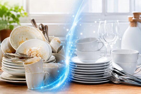 Dirty dishes before and after cleaning, sparkling clean kitchenware with blue energy flow