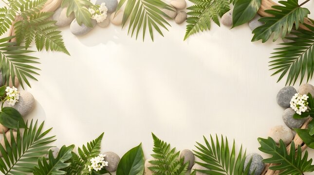 Soft tropical leaves and spa elements forming a relaxing wellness background.
