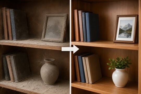 Dusty old bookshelf transformed into a clean and organized display