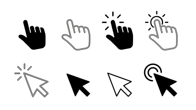 Collection of computer mouse cursor and hand click pointer icons with interface