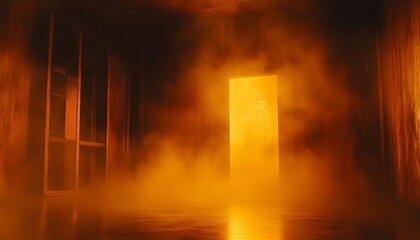 Obraz premium Spooky Abstract Halloween Background with Atmospheric Thick Fog and Warm Golden Glowing Light Haze