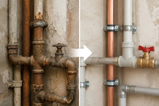 Rusty old pipes transformed into new shiny plumbing system, showing before and after contrast