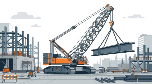 Workers at a construction site are using a crawler crane to lift steel beams. Nearby structures are being built in an urban setting.