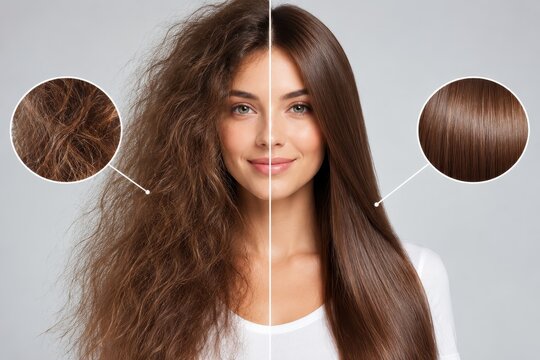 Woman with healthy shiny hair compared to dry frizzy hair before and after treatment