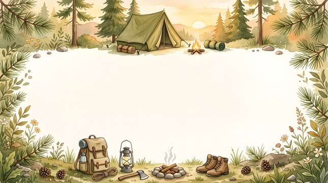 Peaceful camping scene with tent and forest elements forming a natural outdoor background with copy space.