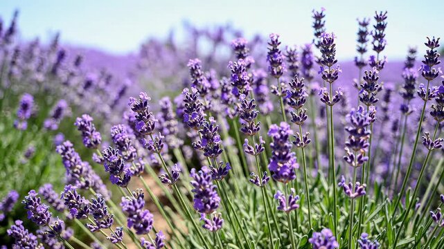 Lavender flowers bloom in bright sunlight. Clear blue sky in background, green field with rows of purple plants. Concept of gardening, floral design, natural healing